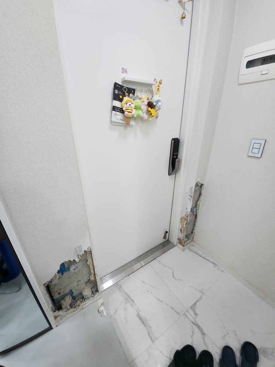 반려견이 물어뜯은 현관 벽 원상복구 작업 전