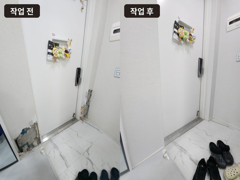 반려견이 물어뜯은 현관 벽 원상복구 작업 전후
