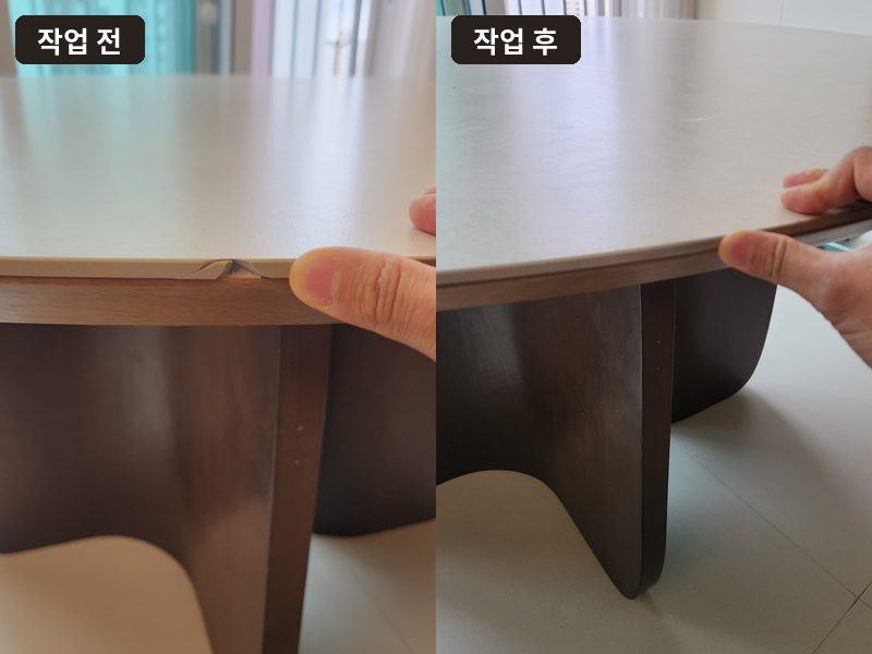 원형 세라믹 식탁 모서리 깨짐 복원 작업 전후